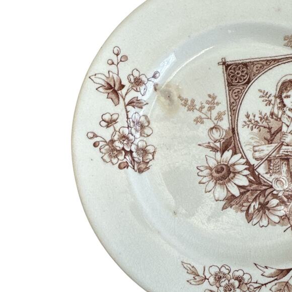 Rare Vintage British Aesthetic Brown Transfer Ware Girl with Rake 8.5” Plate - Picture 2 of 10